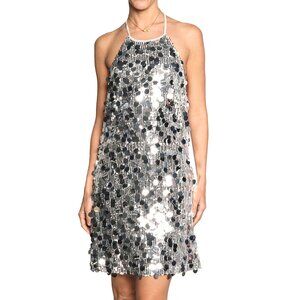 Know One Cares Silver Sequin Halter Cocktail Social Halter Mini Dress Large NWT
